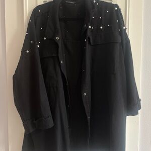 SHEIN Black Pearl-Studded Utility Button Front Shacket Pockets 3/4 Sleeve Collar